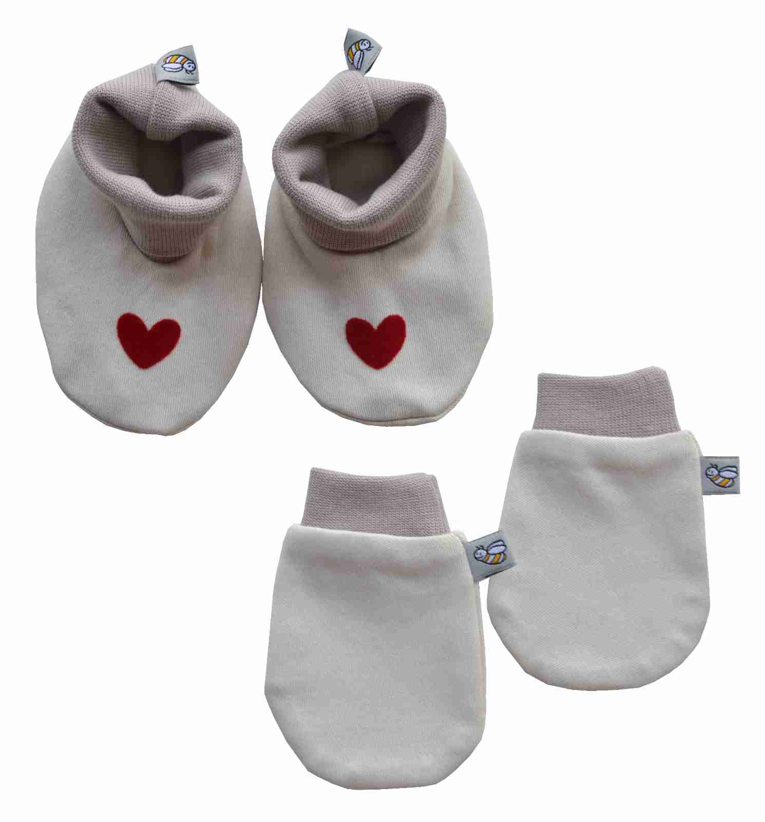 Cream Bootie printed with heart+Mitten Set (100% Cotton Interlock)