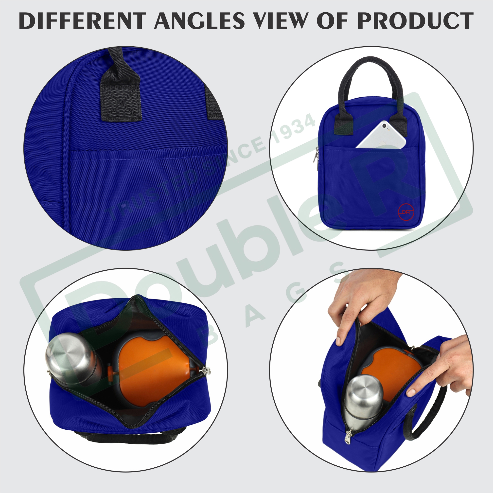 DOUBLE R BAGS | Double R Bags Insulated Lunch Bag for Office Men, Women and Kids, Tiffin Bags for School, Picnic, Work, Carry Bag for Lunch Box (Royal Blue) 6