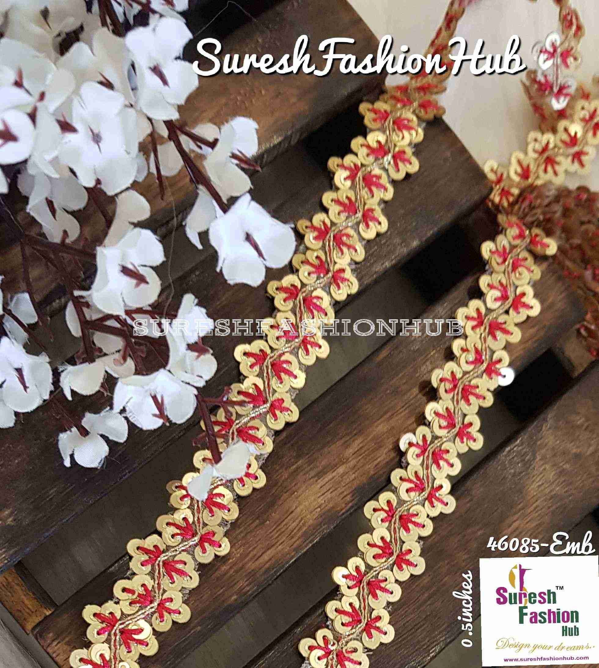 Sequence Dark Pink Thread Embroidered Leaves Designer Trim
