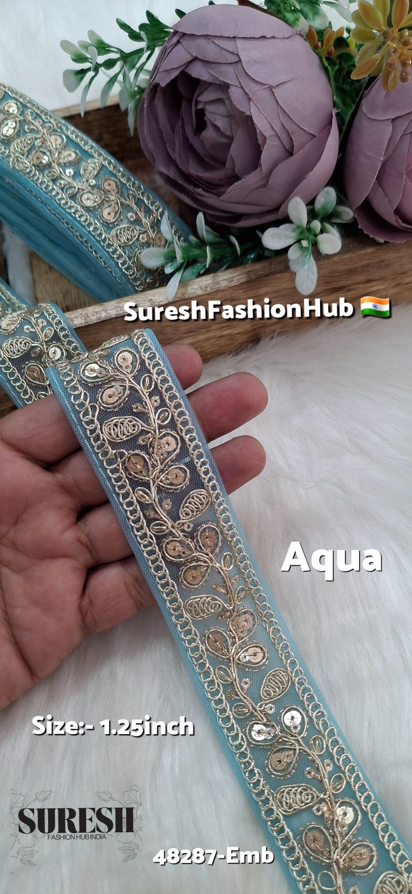 Aqua Pearl Dori Zari Embroidery Border Lace