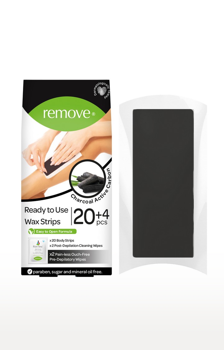 REMOVE | Remove Wax Strips 24 Pcs Body Strips - Active Carbon Charcoal (20 Body Strips & 2 Pain-Less + 4 Post Depilation Cleaning Wipes) 0