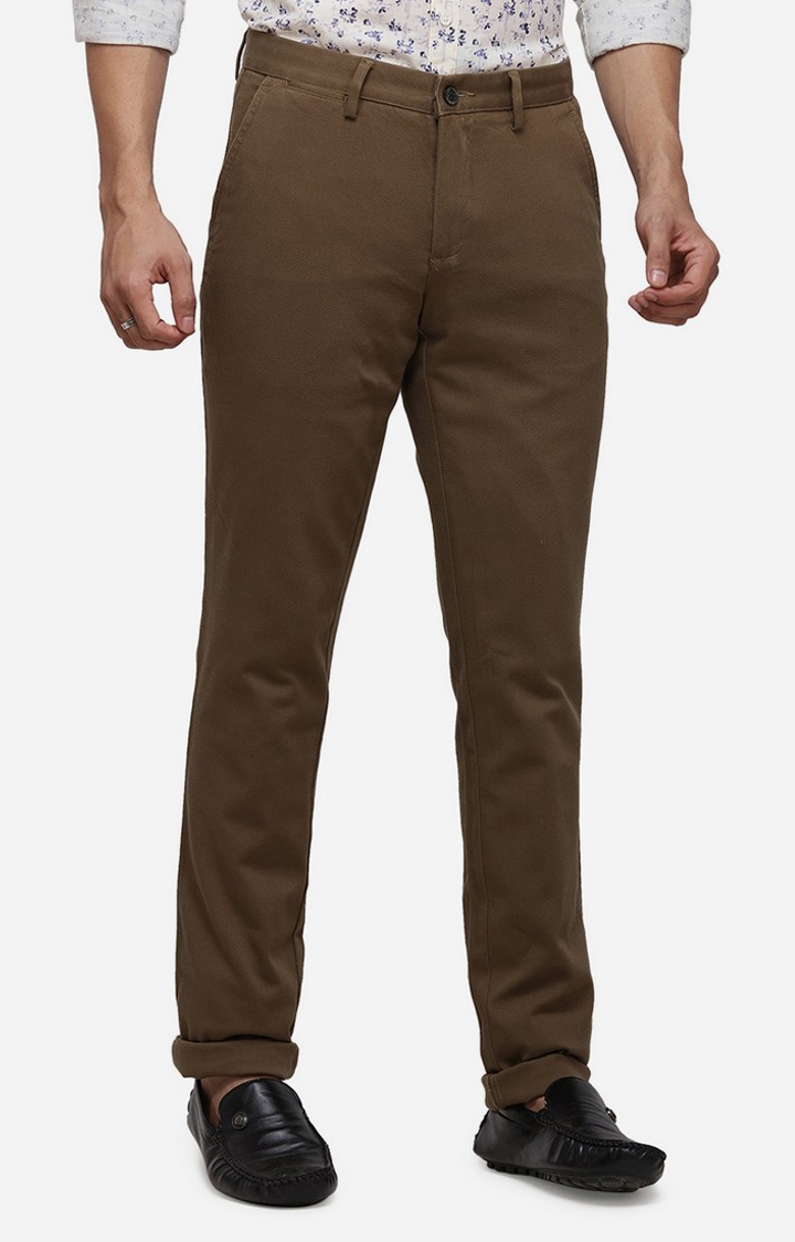 JadeBlue | JBCT116/5,SHITAKE SELF Men's Brown Cotton Blend Textured Formal Trousers 1