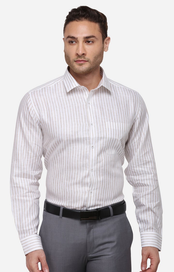JadeBlue | Men's White Linen Striped Formal Shirts 0