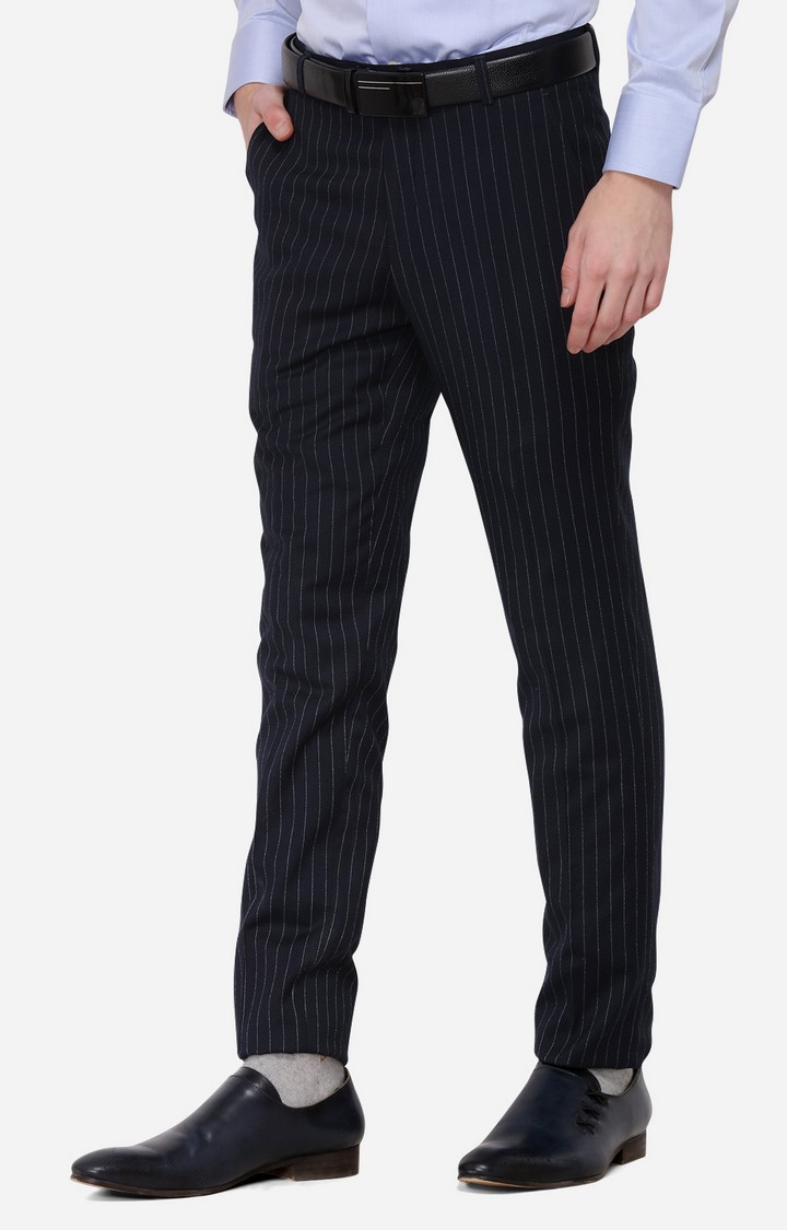JadeBlue | YT32/1,NAVY LNG Men's Blue Wool Blend Striped Formal Trousers 1
