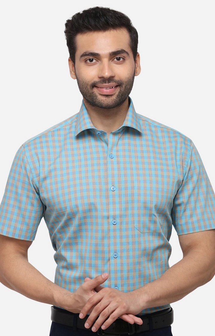 JadeBlue | Men's Blue Cotton Blend Checked Formal Shirts 0