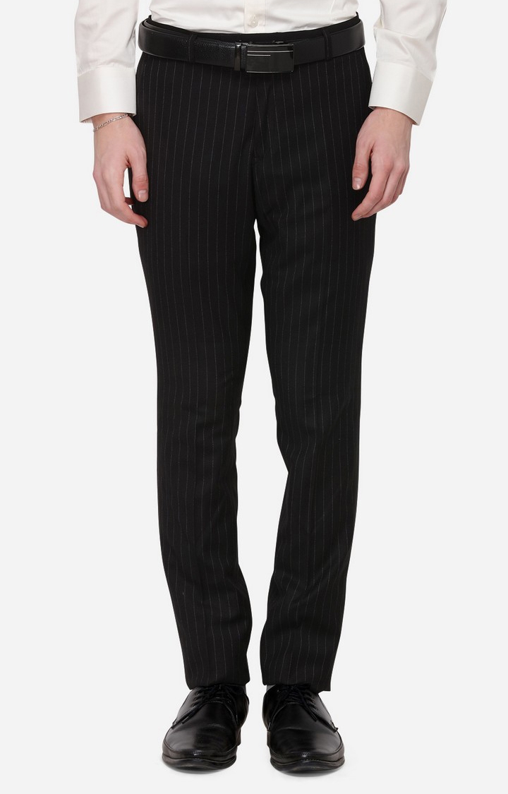 JadeBlue | YT32/2,BLACK LNG Men's Black Wool Blend Striped Formal Trousers 0