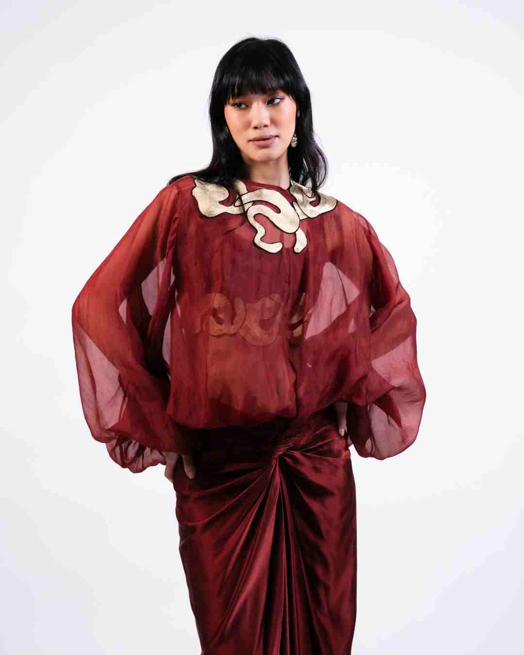 AKOK Brown Silk Organza Baloon Top with skirt and Crop top Co-ords