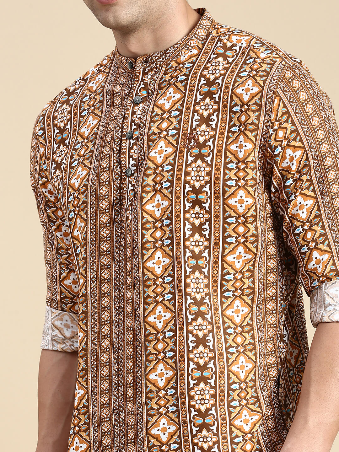 SHOWOFF Men's Mandarin Collar Above Knee Brown Straight Kurta