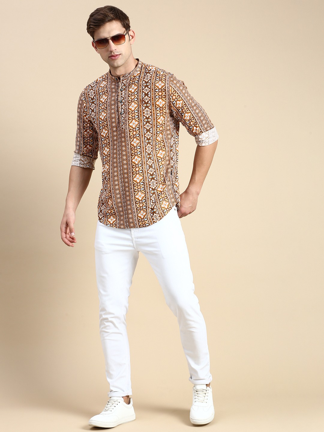 SHOWOFF Men's Mandarin Collar Above Knee Brown Straight Kurta