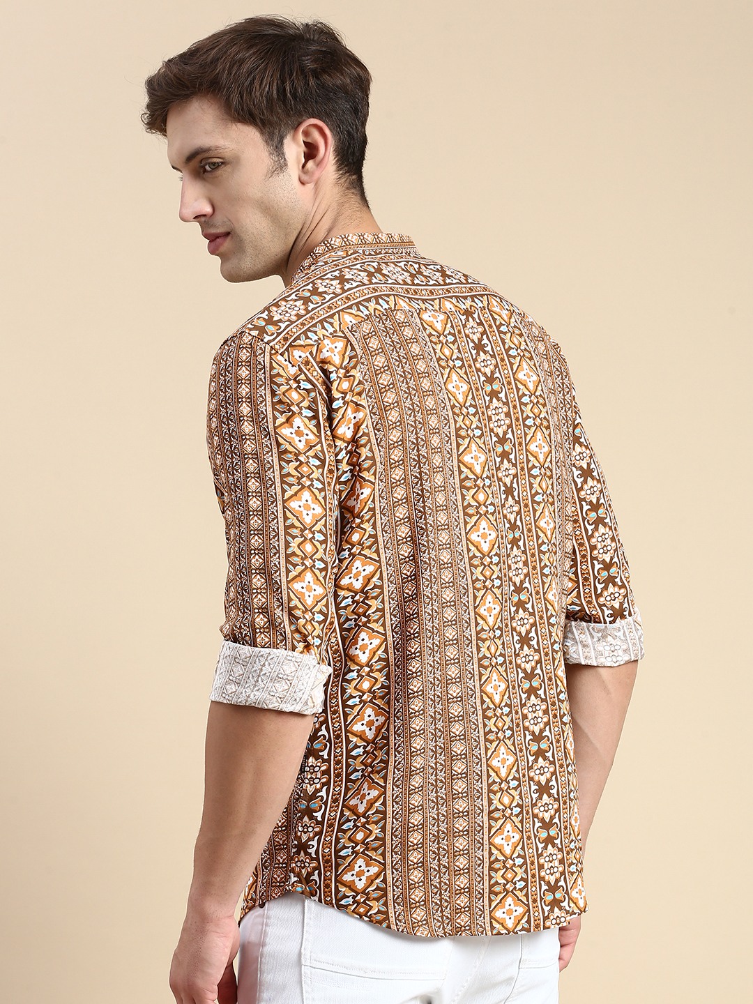 SHOWOFF Men's Mandarin Collar Above Knee Brown Straight Kurta