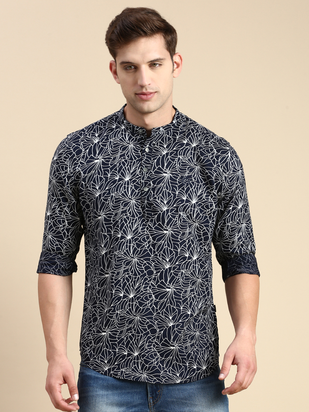 SHOWOFF Men's Mandarin Collar Above Knee Navy Blue Straight Kurta