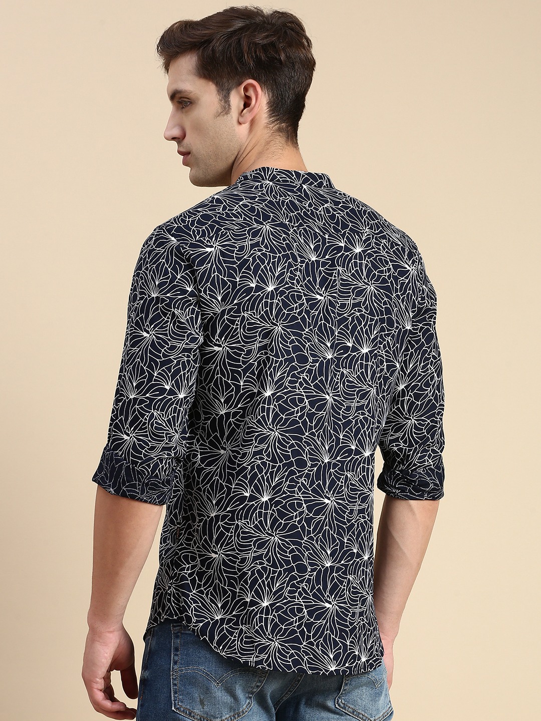 SHOWOFF Men's Mandarin Collar Above Knee Navy Blue Straight Kurta
