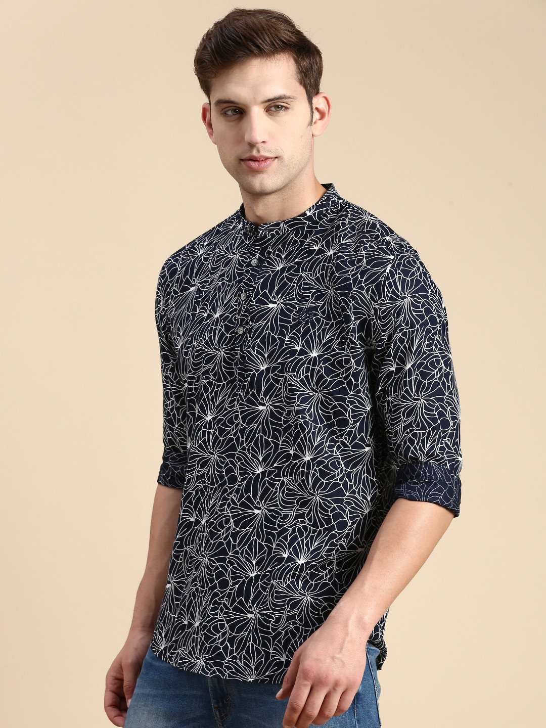 SHOWOFF Men's Mandarin Collar Above Knee Navy Blue Straight Kurta