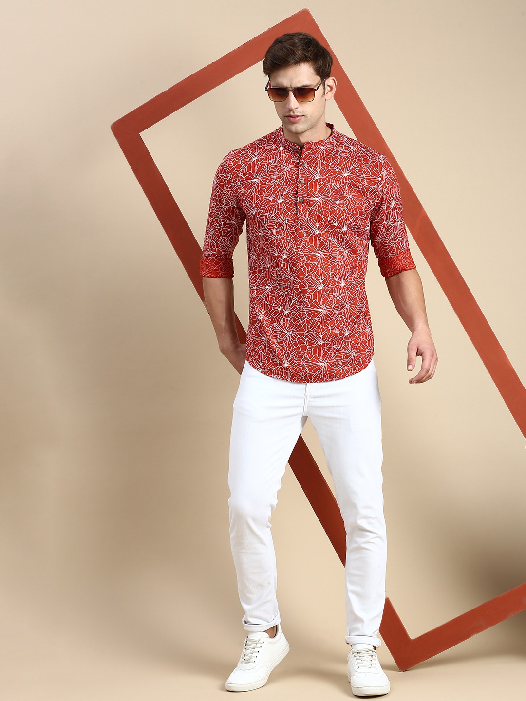 SHOWOFF Men's Mandarin Collar Above Knee Rust Straight Kurta