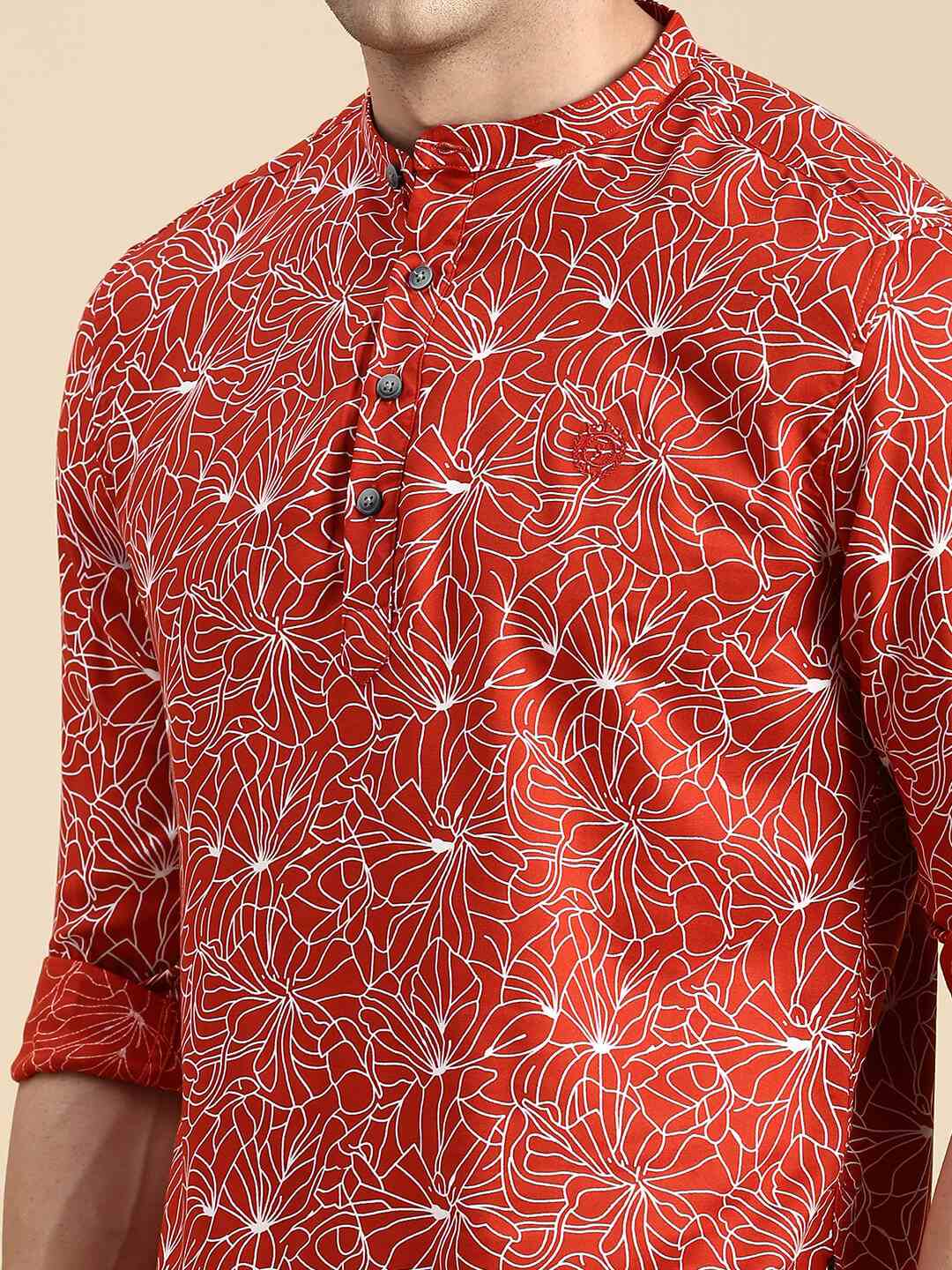 SHOWOFF Men's Mandarin Collar Above Knee Rust Straight Kurta
