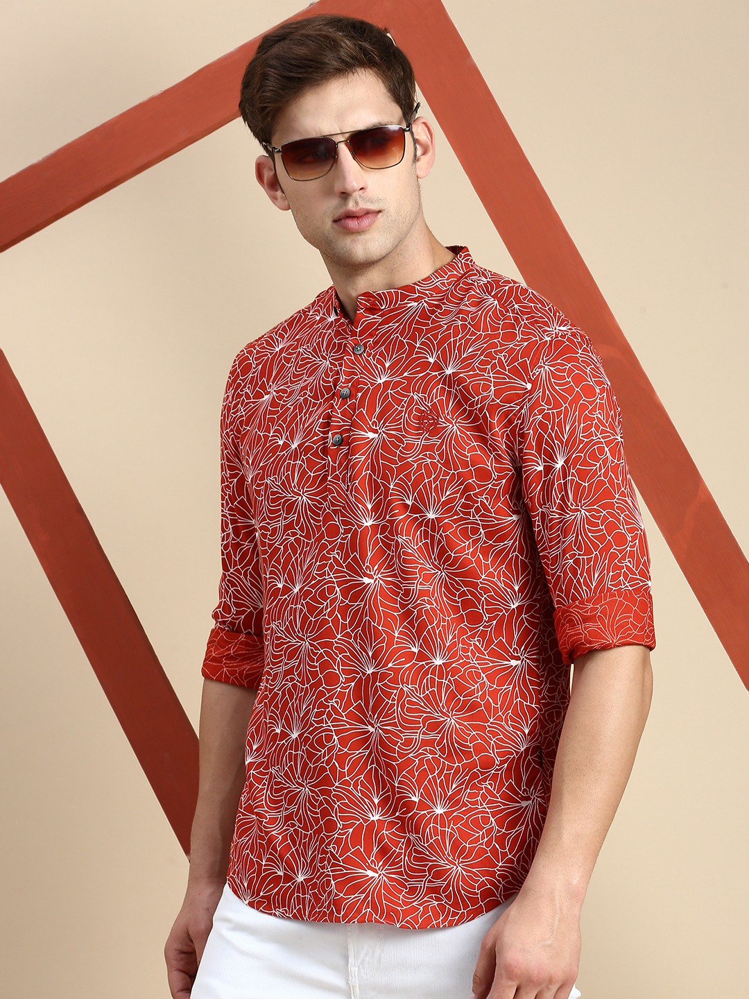 SHOWOFF Men's Mandarin Collar Above Knee Rust Straight Kurta