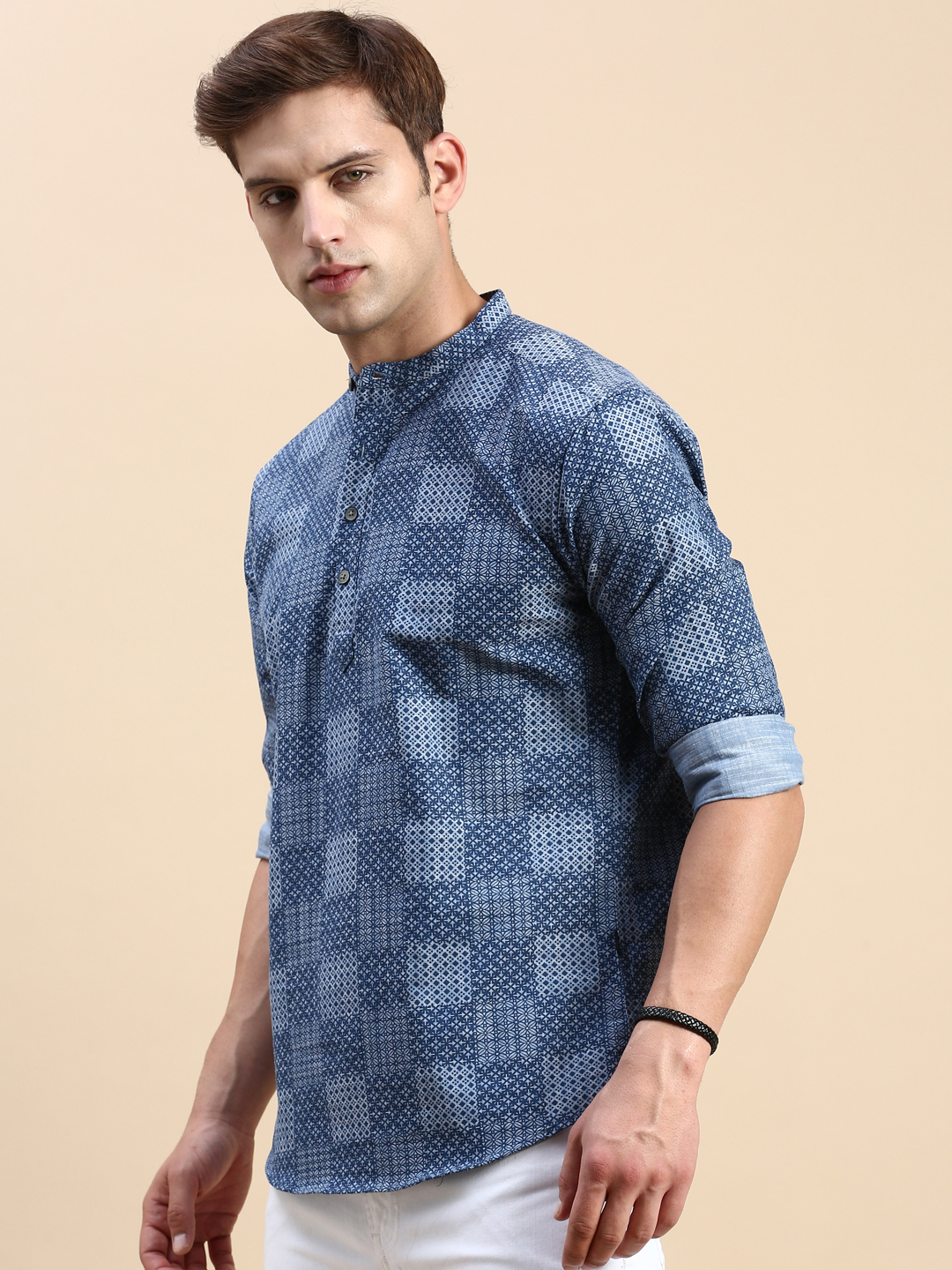 Showoff | SHOWOFF Men's Mandarin Collar Above Knee Blue Straight Kurta 2