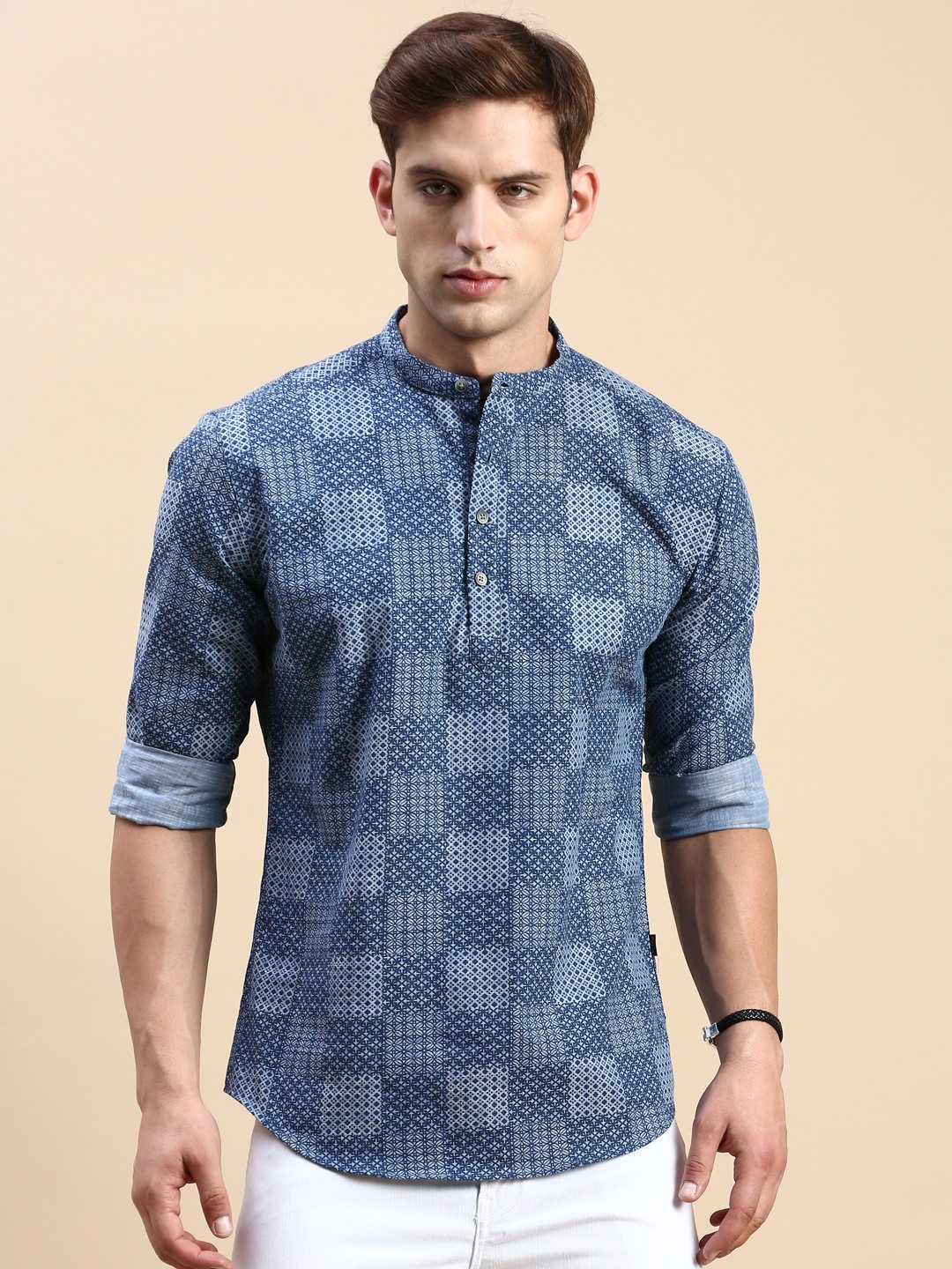 Showoff | SHOWOFF Men's Mandarin Collar Above Knee Blue Straight Kurta 0