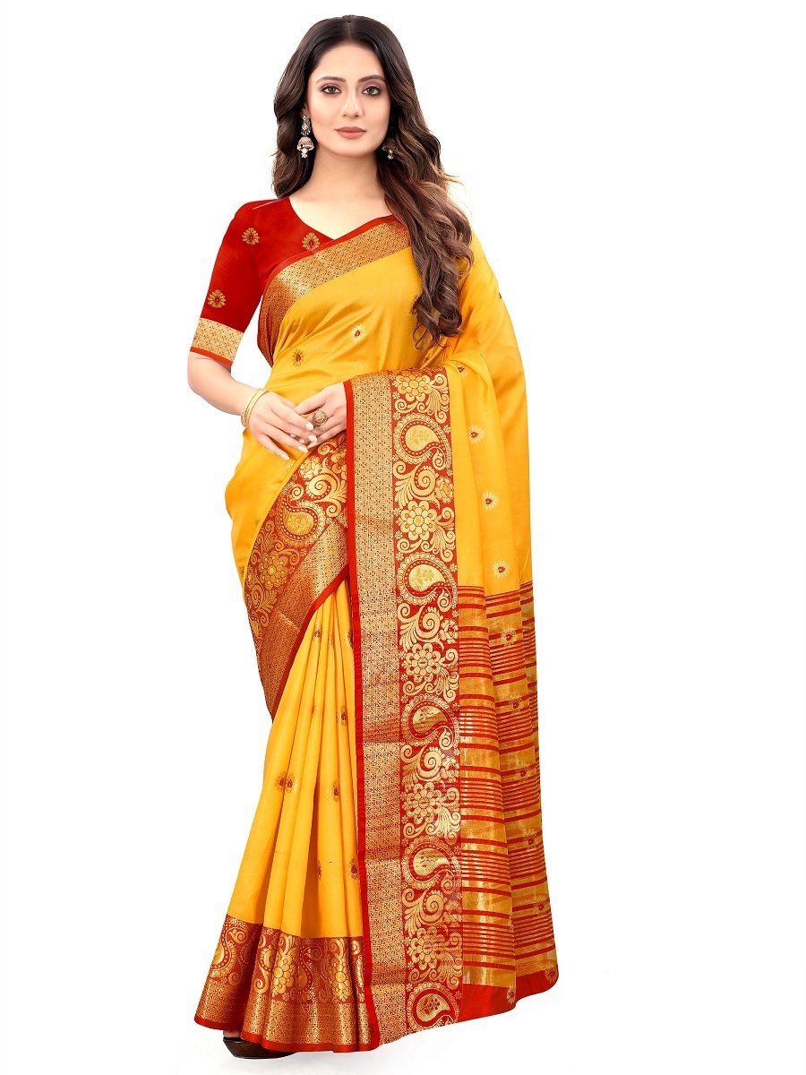 Mango Yellow and Red Fancy Fabric Saree with Patola Pallu & Blouse - Pramo  Clothing