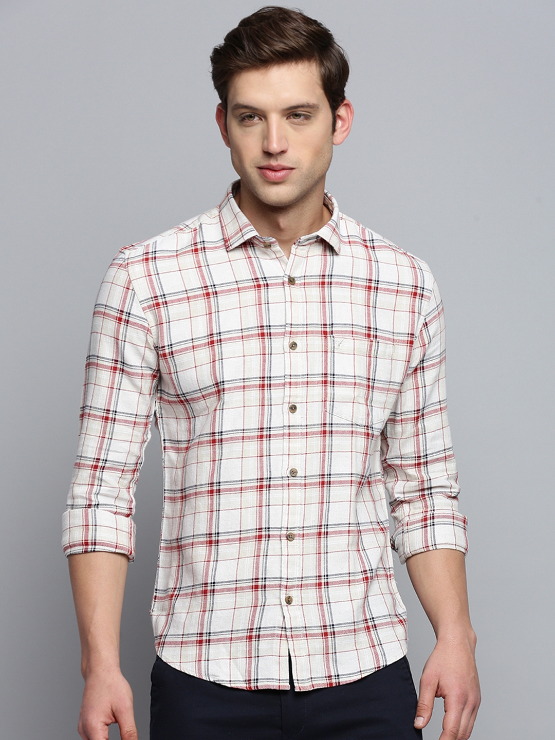 Showoff | SHOWOFF Men's Spread Collar Checked Beige Classic Shirt 1
