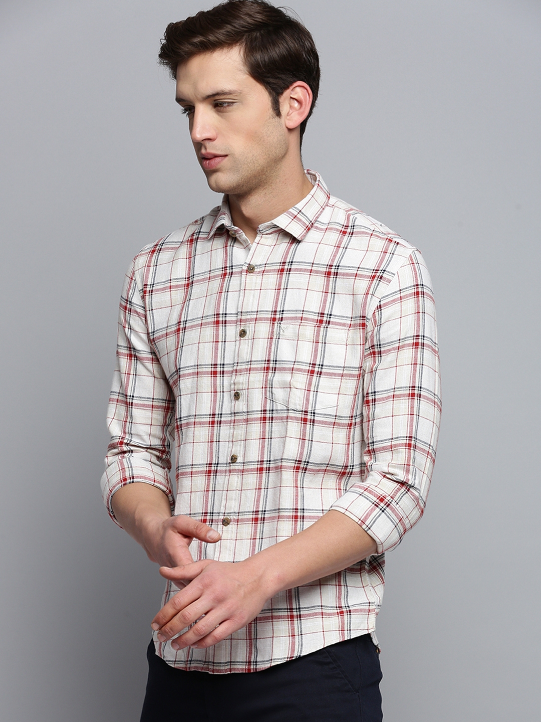 Showoff | SHOWOFF Men's Spread Collar Checked Beige Classic Shirt 2