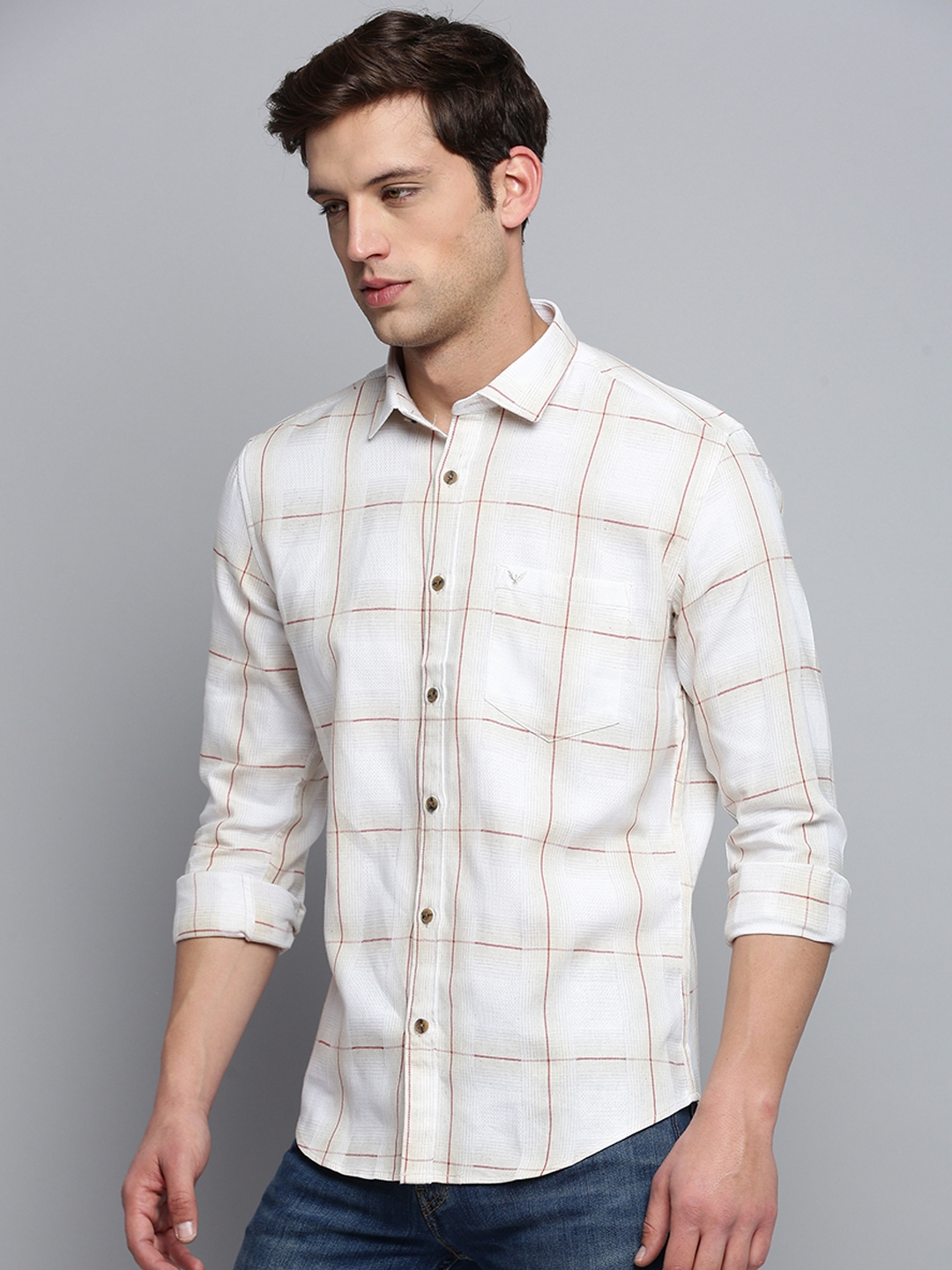 Showoff | SHOWOFF Men's Spread Collar Self Design Beige Classic Shirt 2
