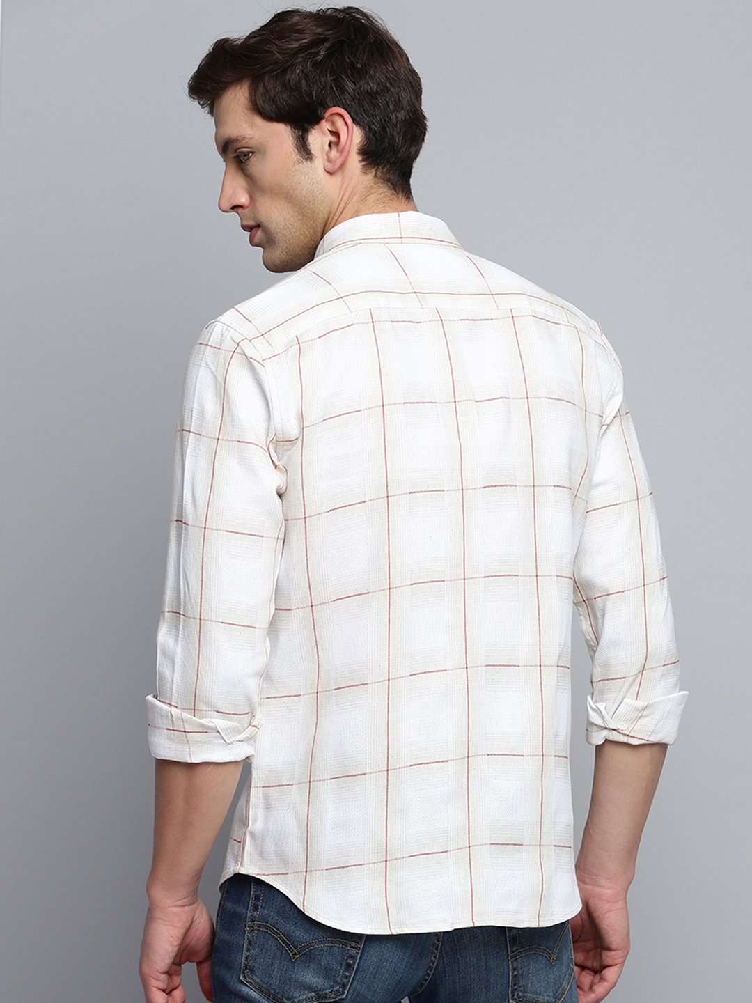 Showoff | SHOWOFF Men's Spread Collar Self Design Beige Classic Shirt 3