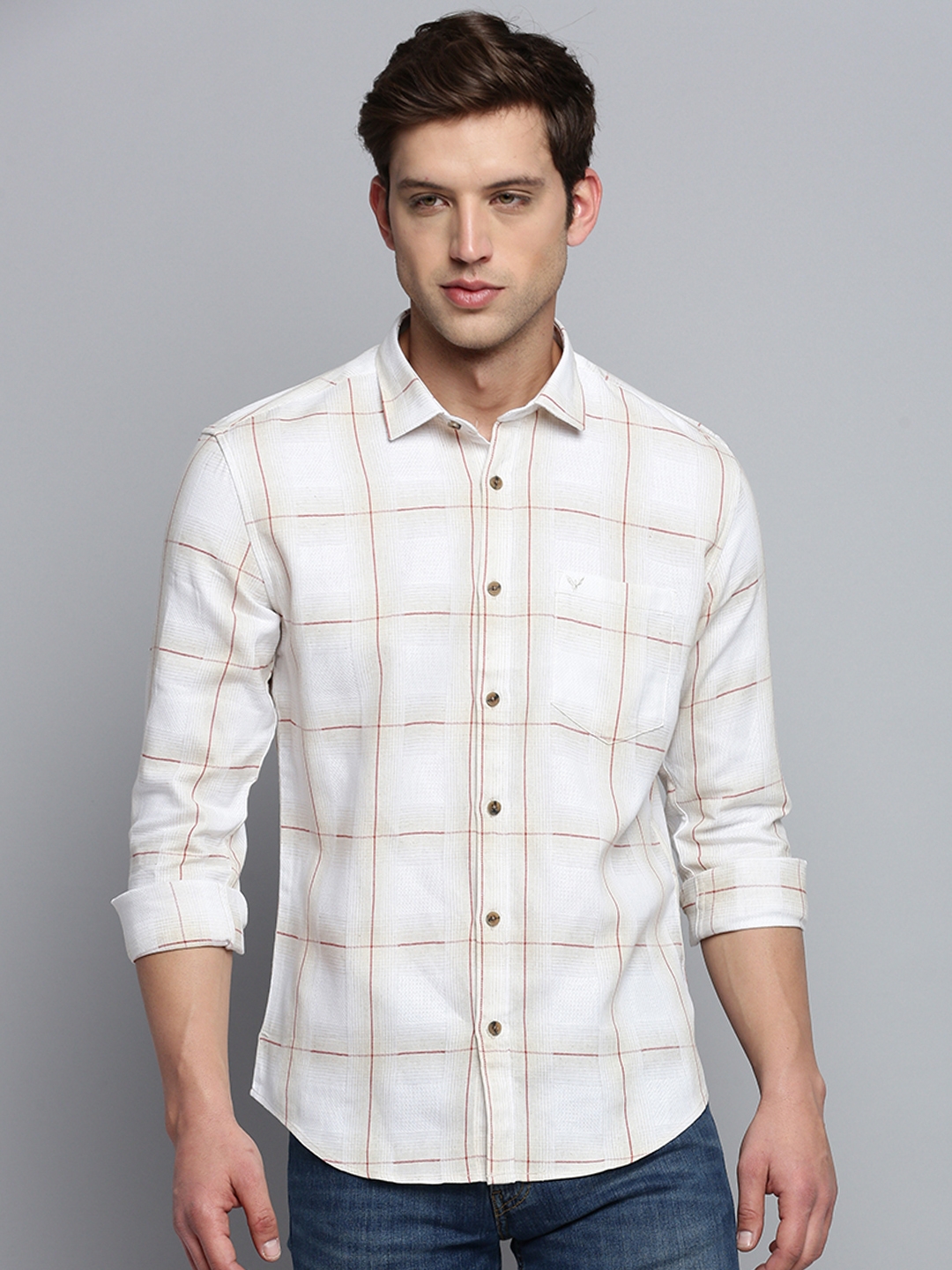 Showoff | SHOWOFF Men's Spread Collar Self Design Beige Classic Shirt 1