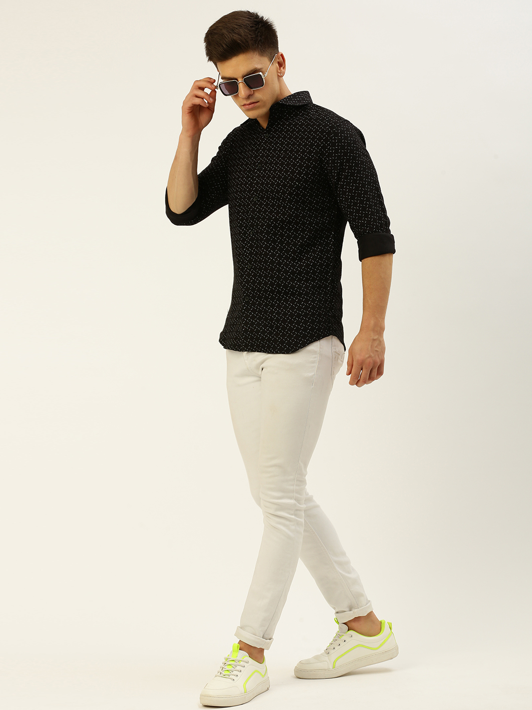 SHOWOFF Men's Spread Collar Printed Black Regular Fit Shirt