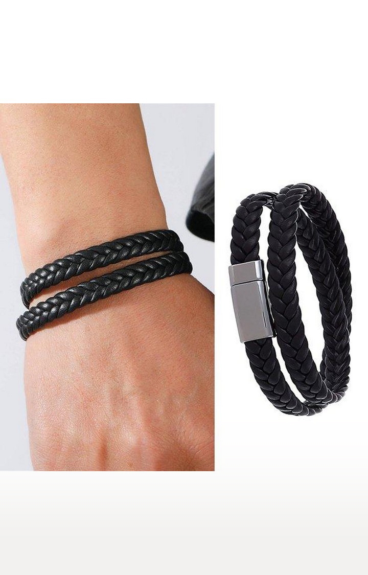 Black 3-Layer Beaded Leather Bracelet | Classy Men Collection