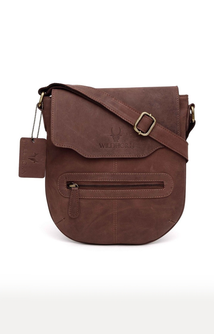 WildHorn | WildHorn Genuine Leather Brown Messenger Bag for Men  0