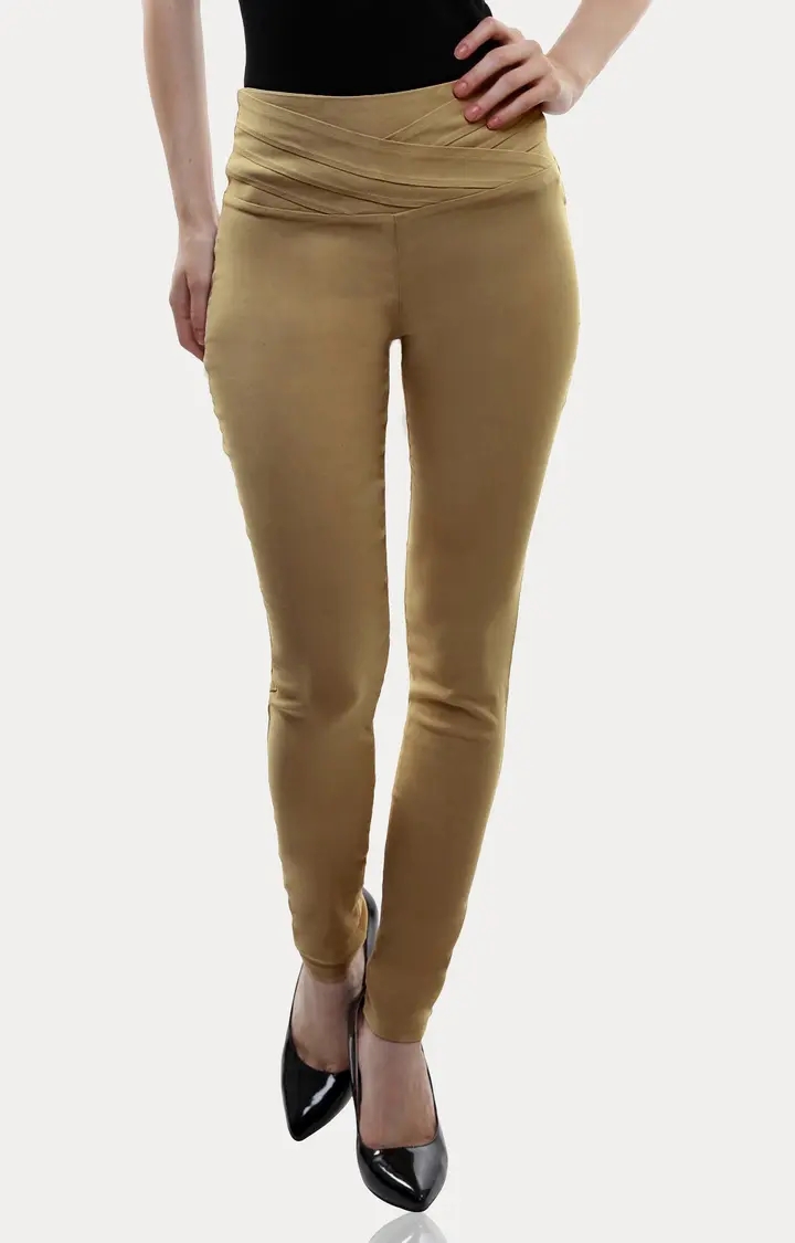MISS CHASE | Women's Beige Solid Jeggings