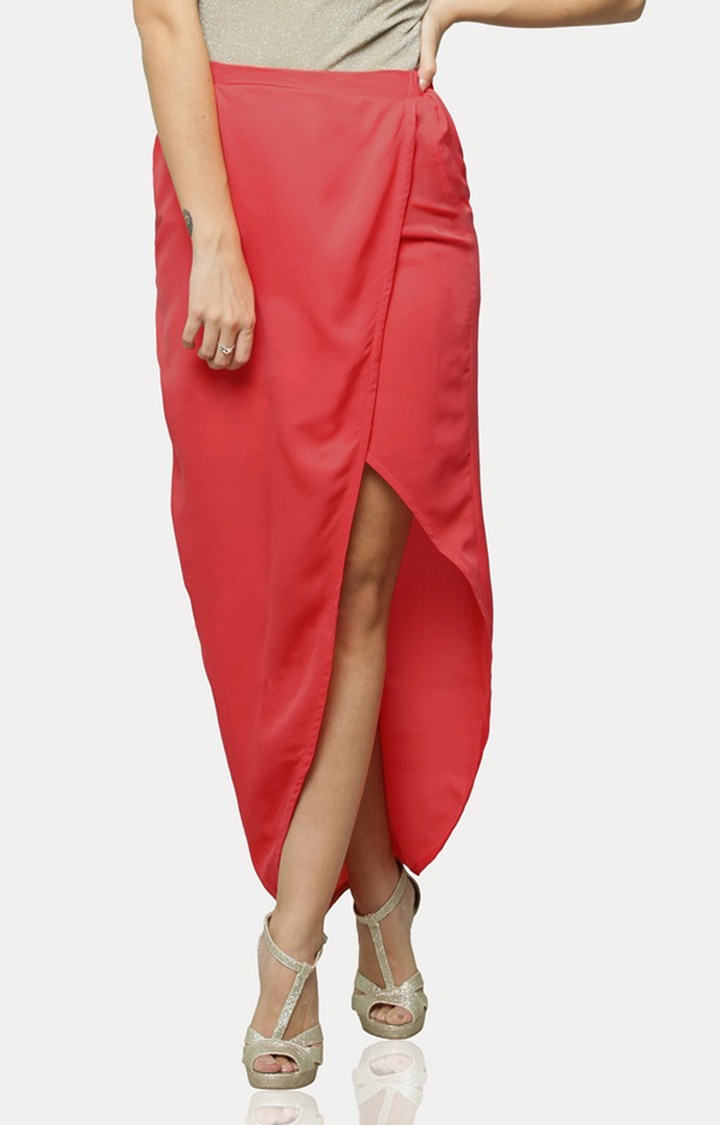 MISS CHASE | Women's Red Solid Asymmetric Skirt