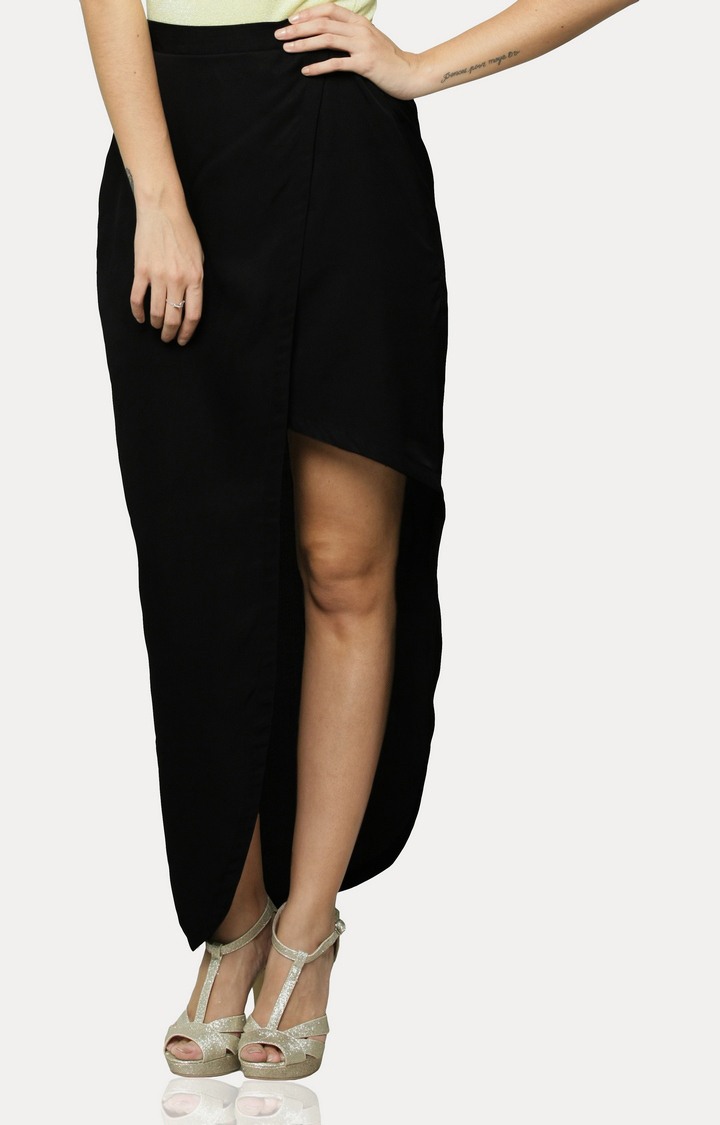 MISS CHASE | Women's Black Solid Asymmetric Skirt