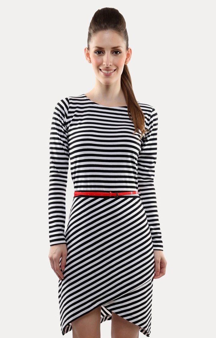 MISS CHASE | Women's Black Viscose StripedCasualwear Asymmetric Dress