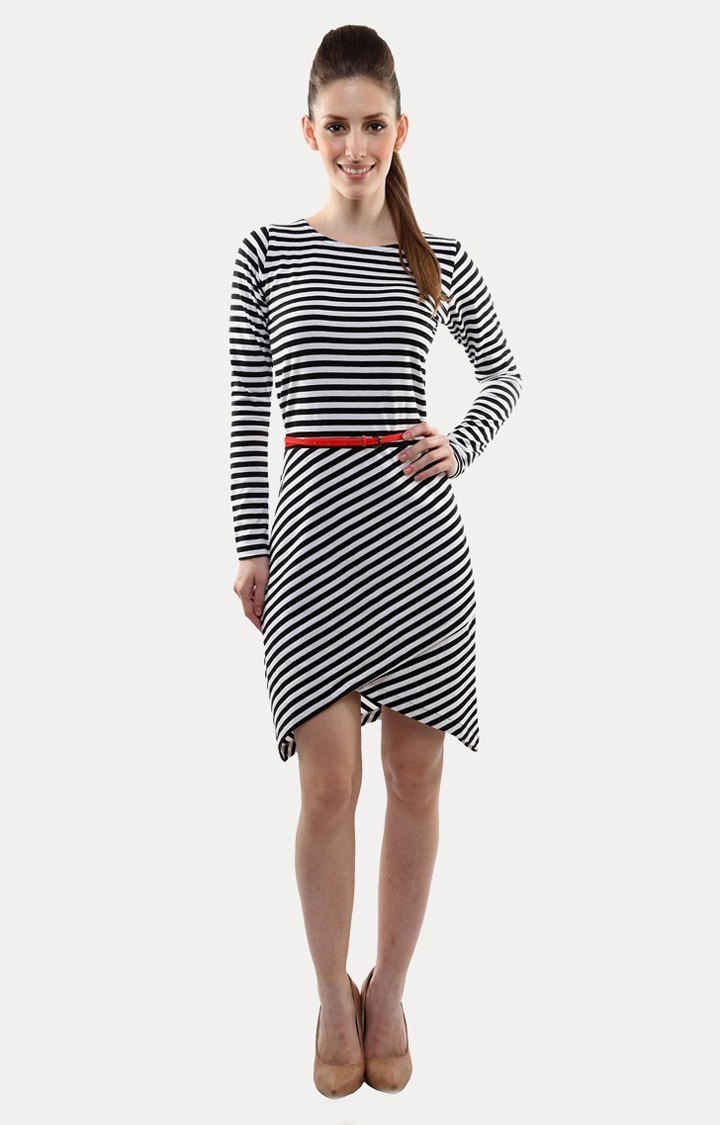 Women's Black Viscose StripedCasualwear Asymmetric Dress