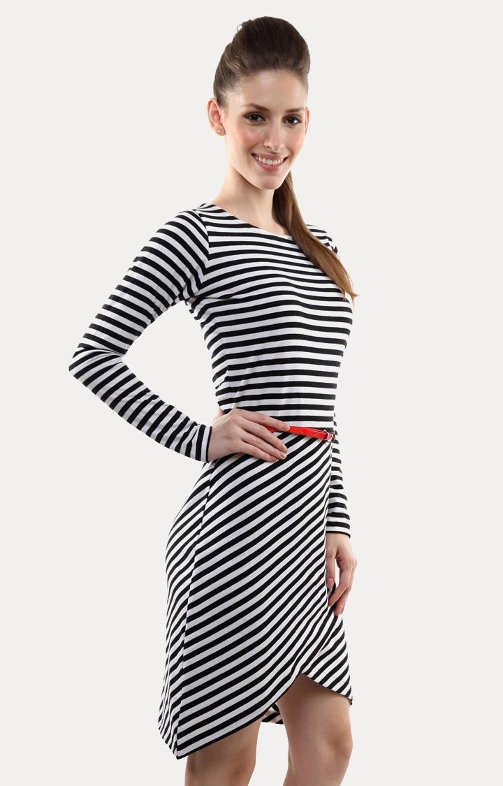 Women's Black Viscose StripedCasualwear Asymmetric Dress
