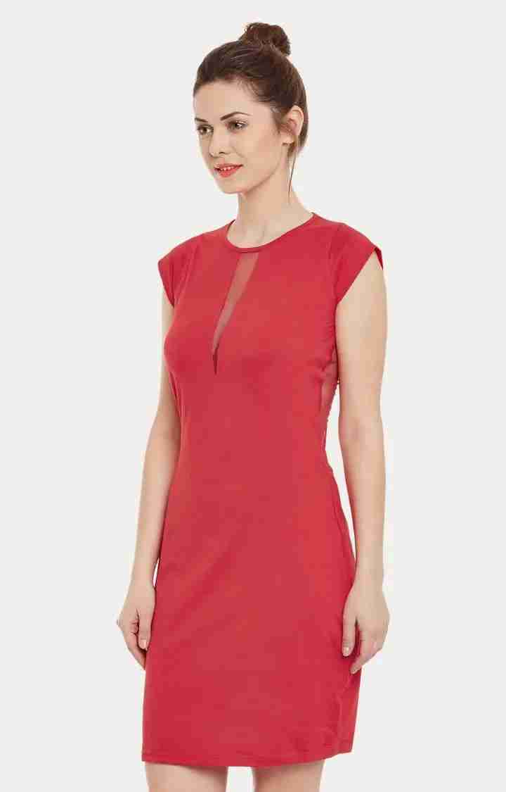 Women's Red Viscose SolidEveningwear Sheath Dress