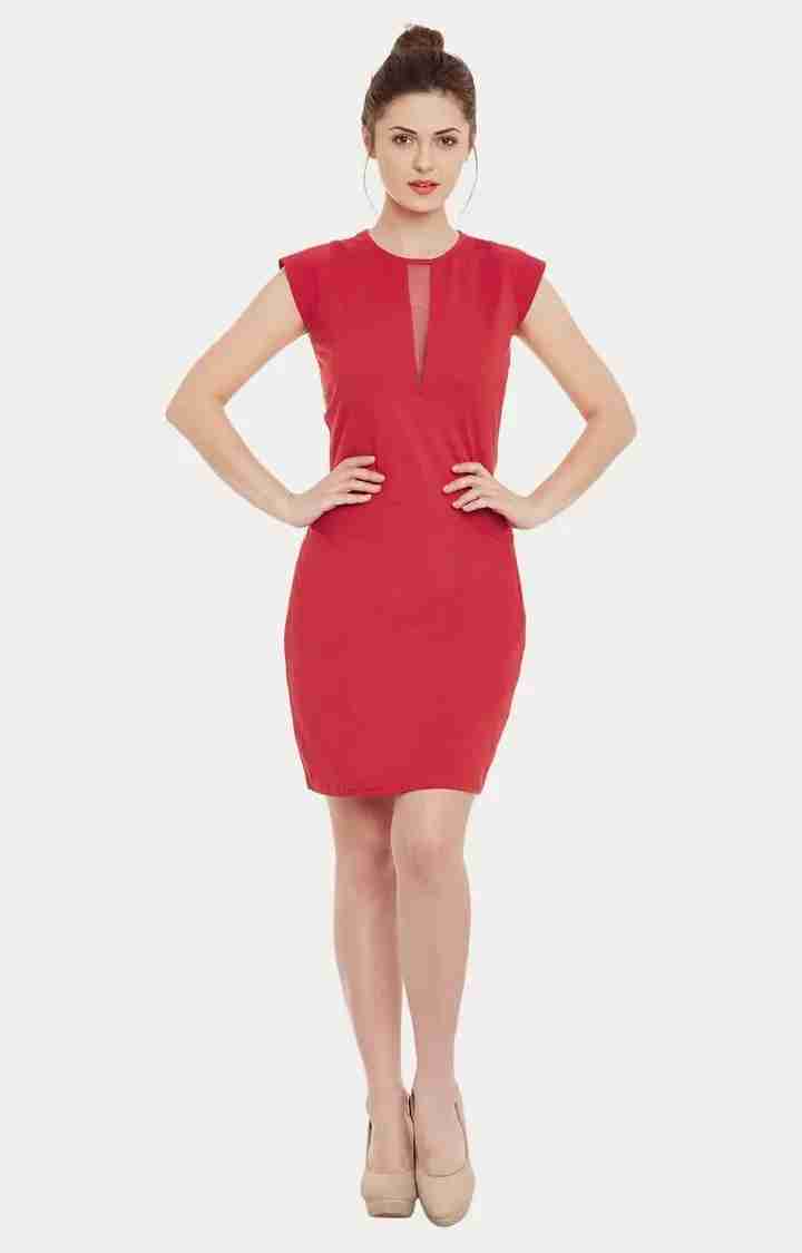 Women's Red Viscose SolidEveningwear Sheath Dress