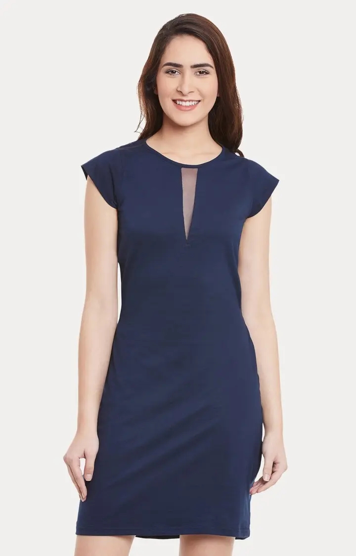 Women's Blue Viscose SolidEveningwear Sheath Dress