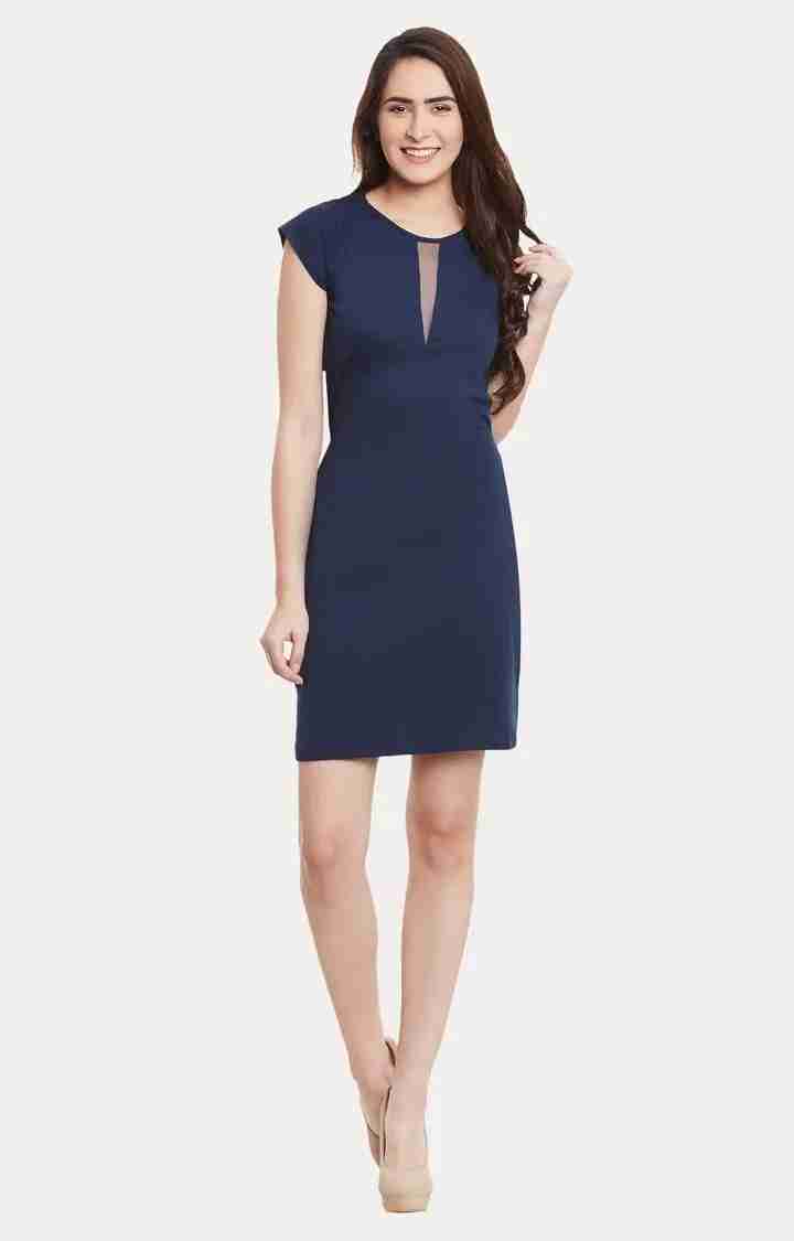 Women's Blue Viscose SolidEveningwear Sheath Dress