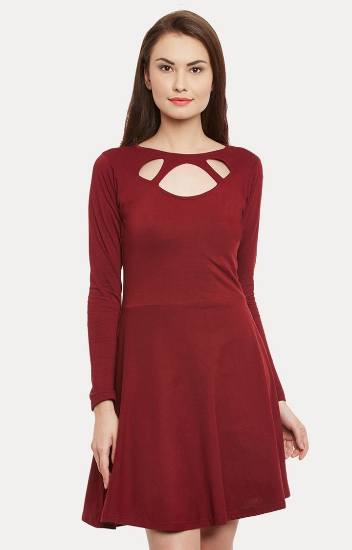MISS CHASE | Women's Red Cotton SolidCasualwear Skater Dress
