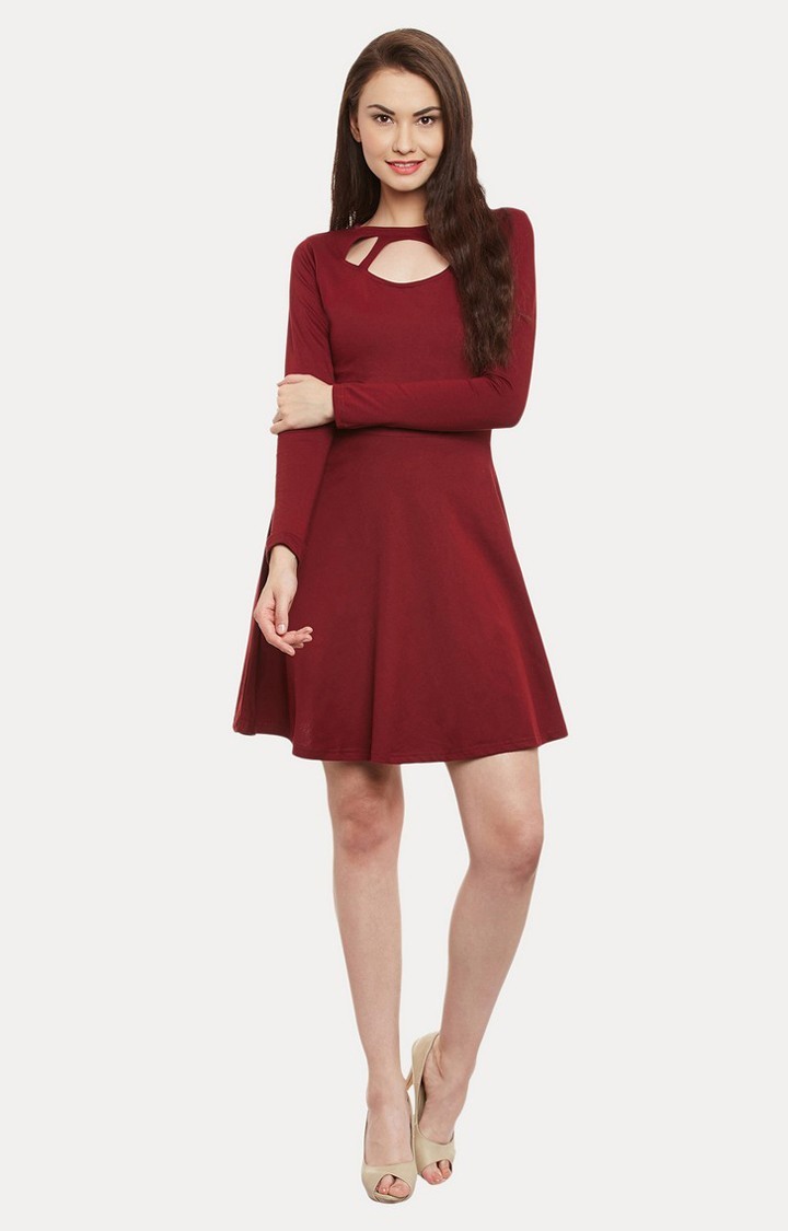 Women's Red Cotton SolidCasualwear Skater Dress