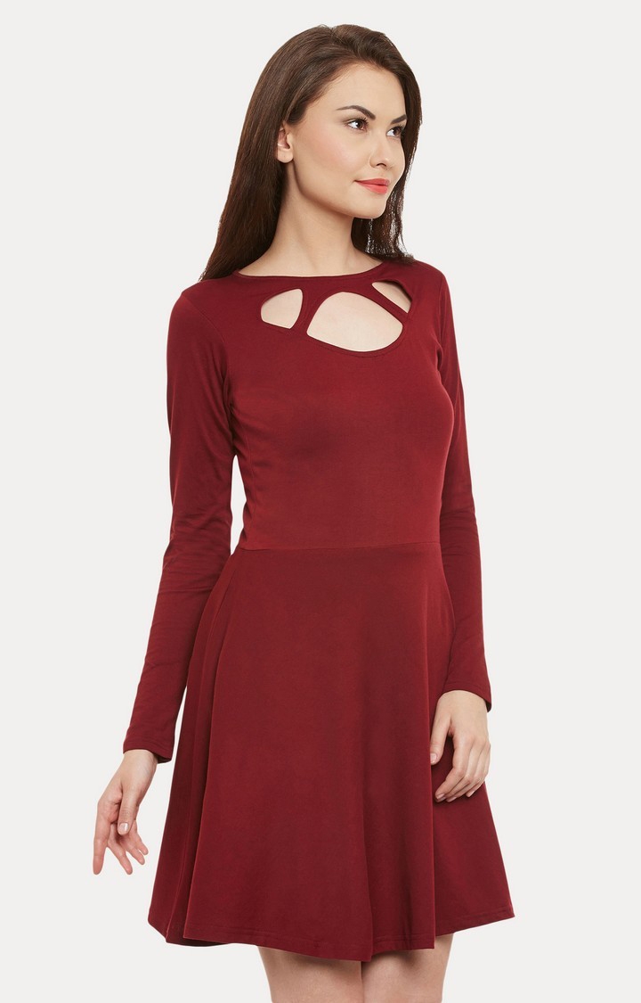 Women's Red Cotton SolidCasualwear Skater Dress