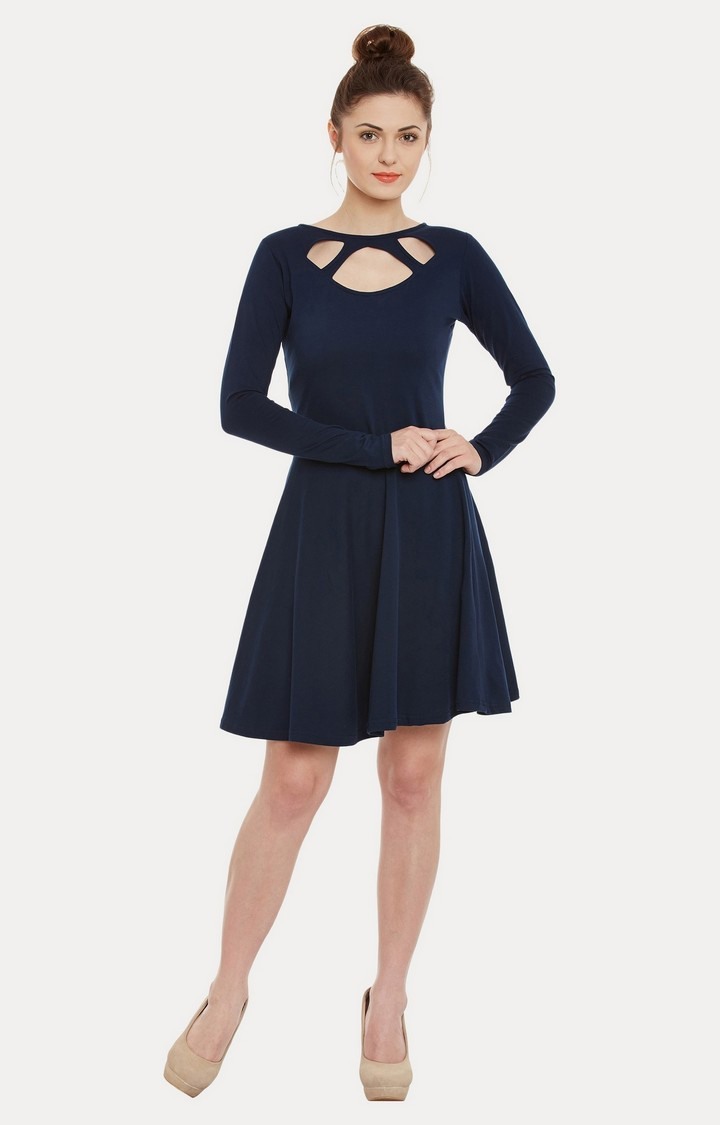 Women's Blue Viscose SolidCasualwear Skater Dress