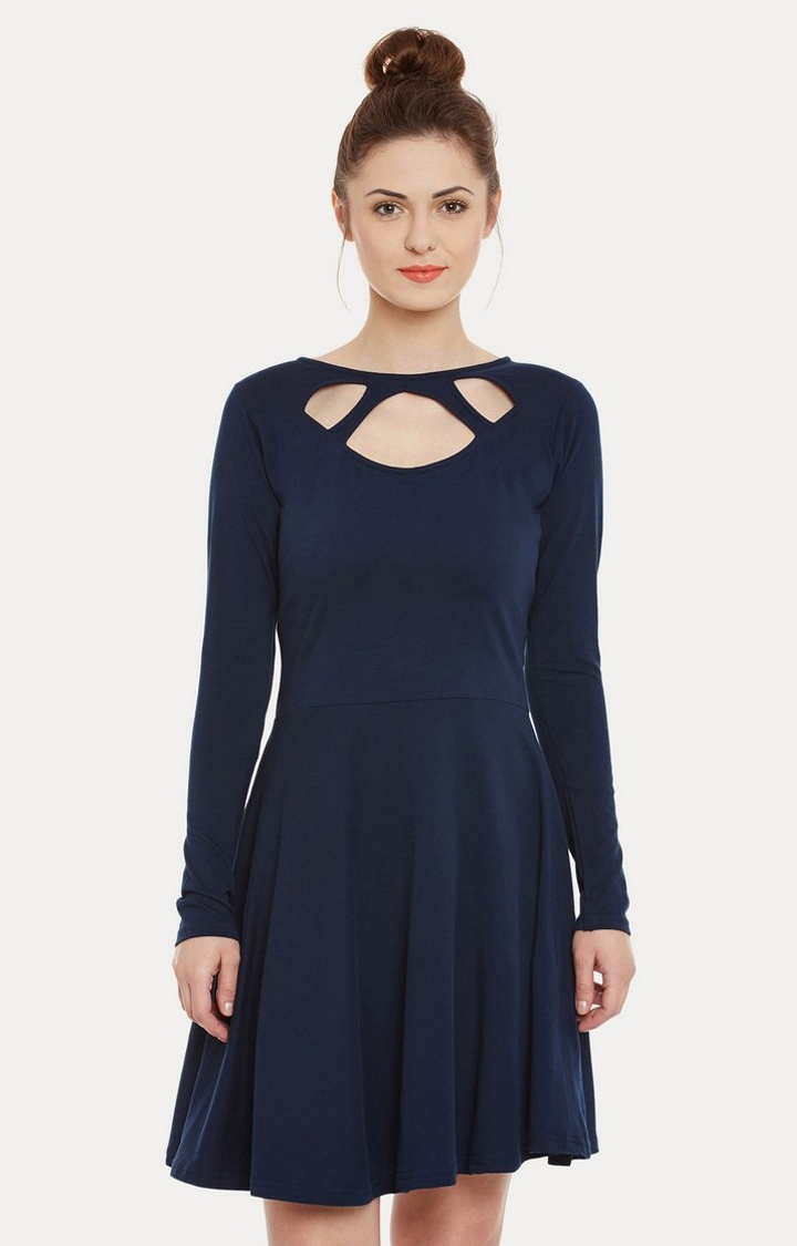 MISS CHASE | Women's Blue Viscose SolidCasualwear Skater Dress