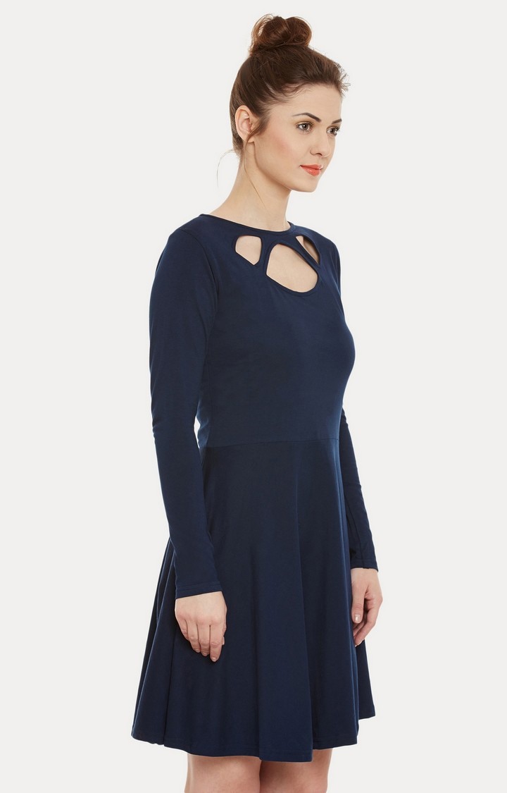 Women's Blue Viscose SolidCasualwear Skater Dress