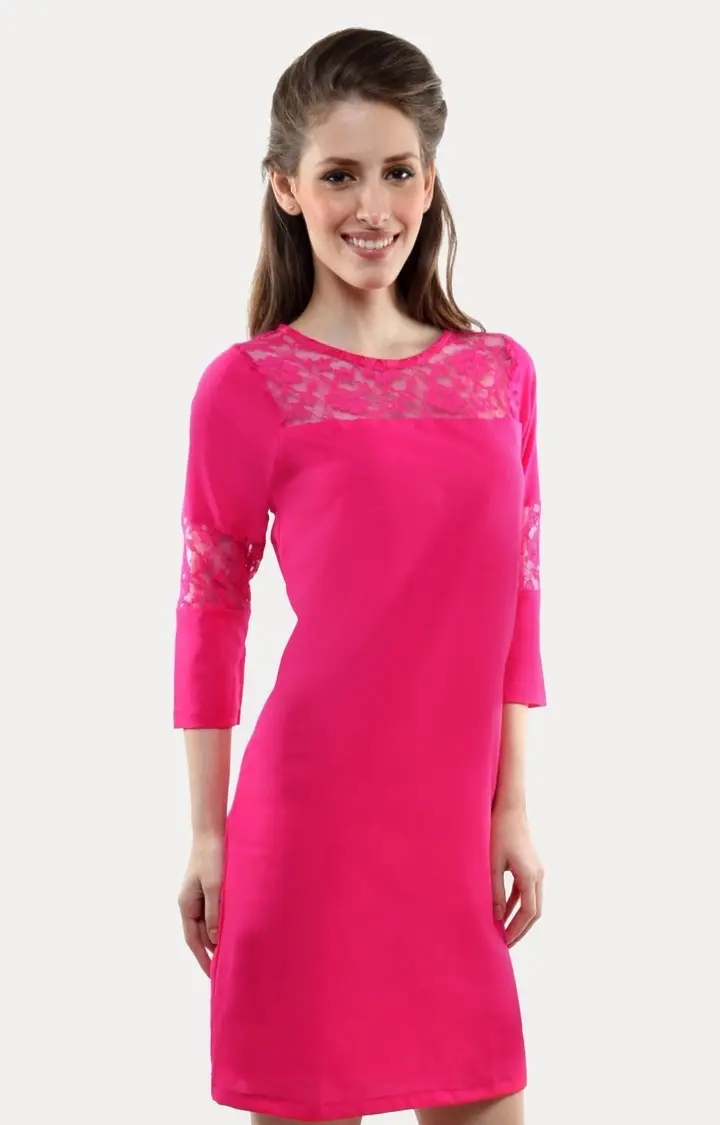 MISS CHASE | Women's Pink Crepe SolidCasualwear Shift Dress
