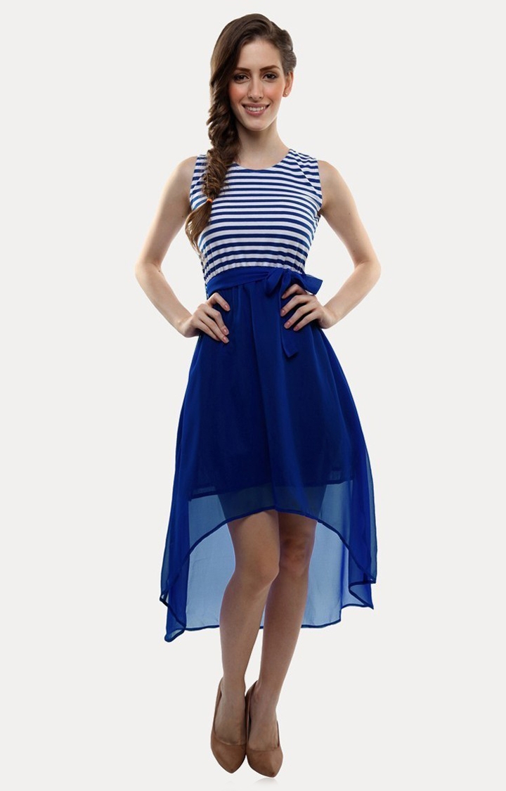 MISS CHASE | Women's Blue Striped Asymmetric Dress 0