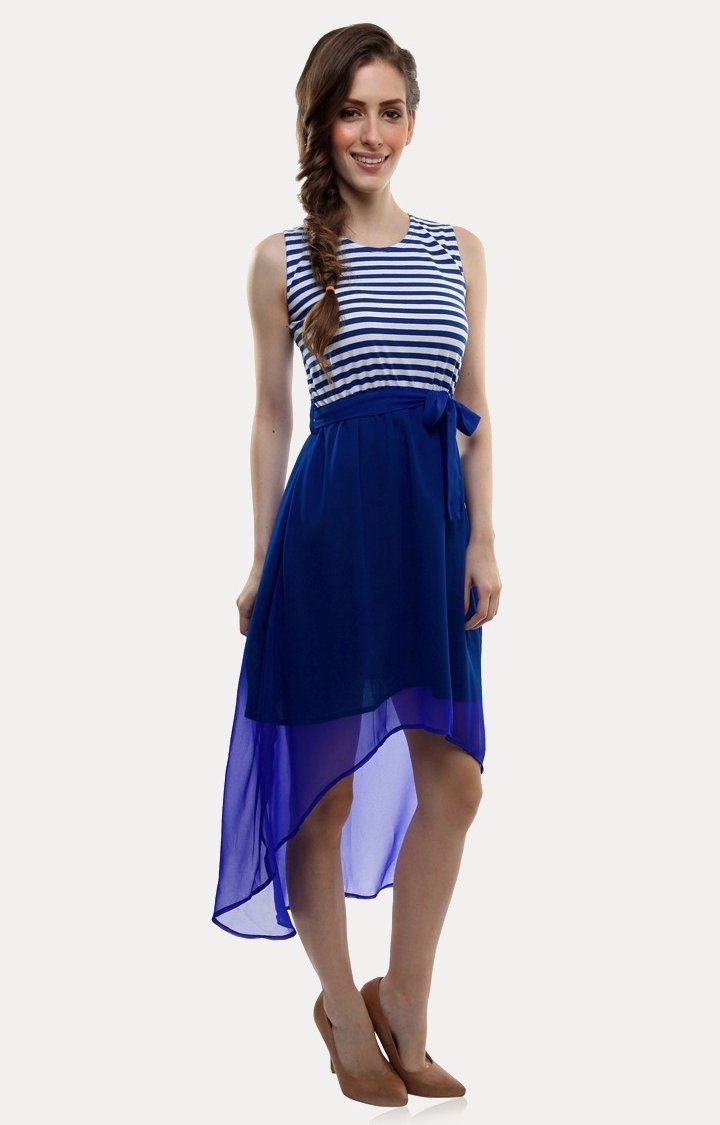 MISS CHASE | Women's Blue Striped Asymmetric Dress 1